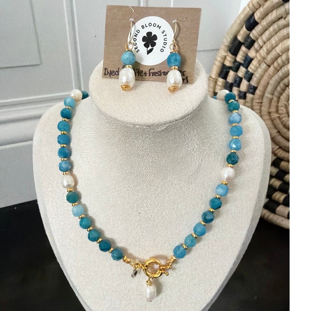 Second Bloom Studio 19" Blue Apatite Pearl Necklace & Earrings Set, Artisan Made